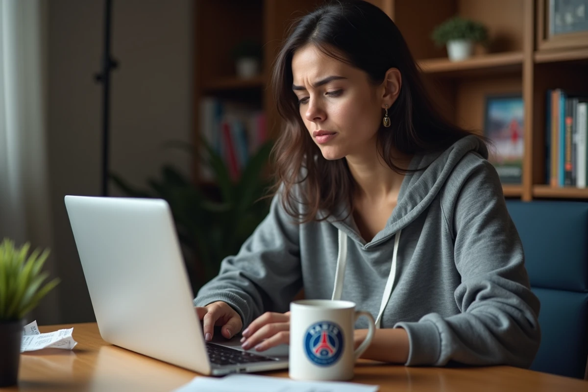 Femme cherchant à acheter des billets Paris FC en ligne sur un ordinateur portable, confrontée à une erreur sur le site de billetterie