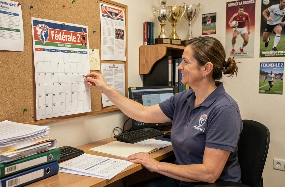 Administratrice de club de rugby affichant le calendrier Fédérale 2 Poule 4 2026 dans un bureau de club amateur