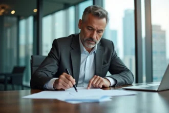 Agent sportif professionnel en costume gris négociant un contrat dans une salle de réunion moderne avec des documents sur la table