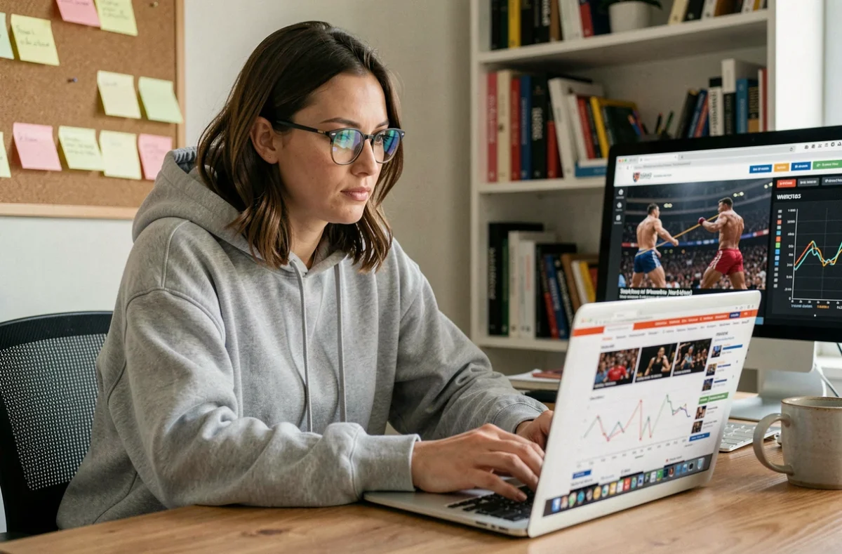 Journaliste ou analyste suivant les audiences WWE et AEW sur ordinateur portable avec graphiques de classement