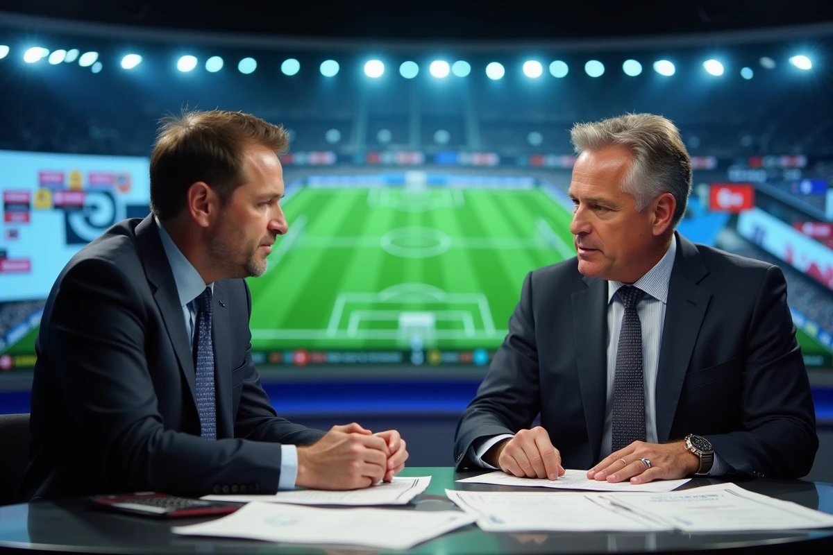 Deux analystes sportifs discutant des compositions probables du PSG avant un match important dans un studio de télévision