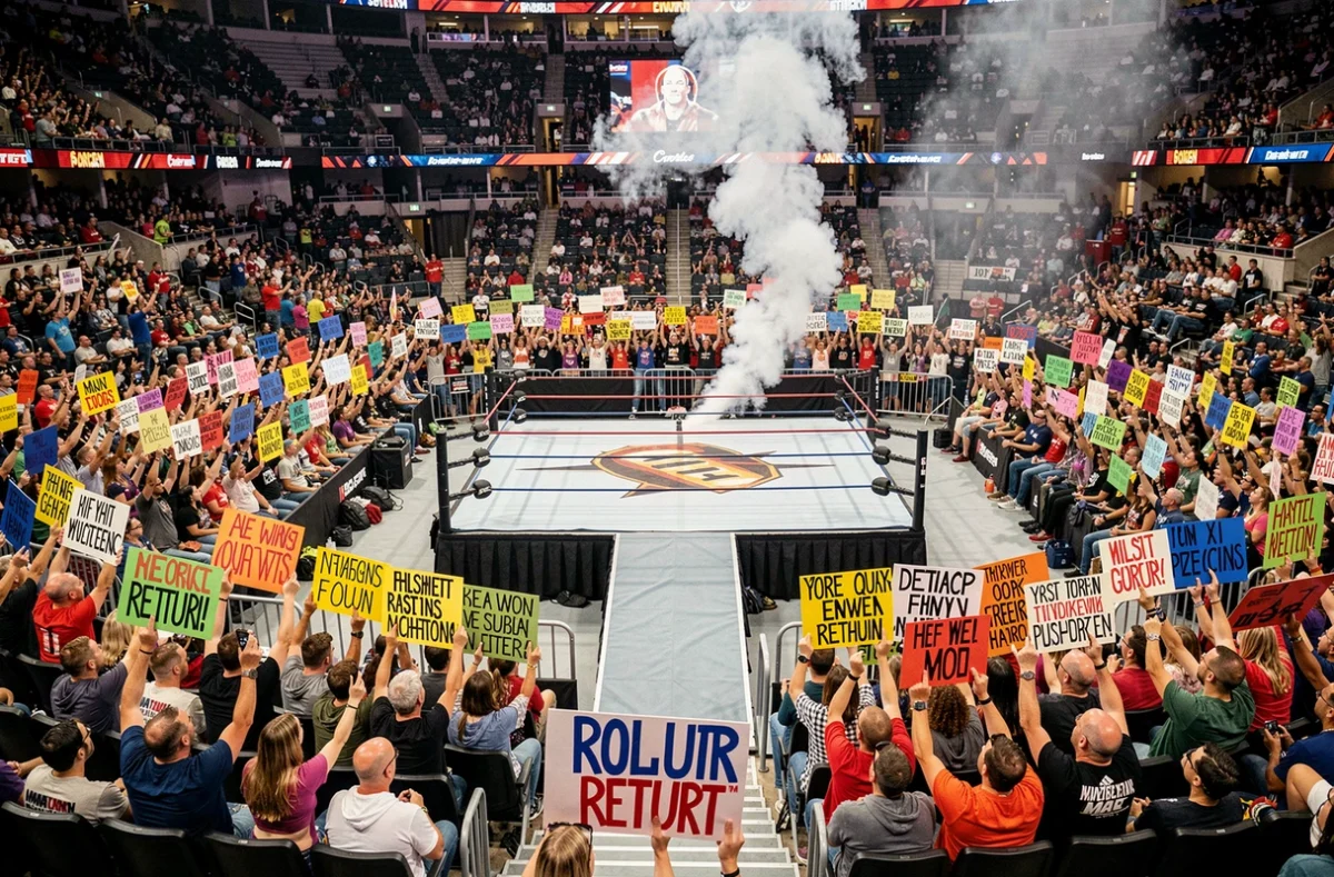 Vue panoramique d'une arène de catch TNA comble avec des milliers de fans brandissant des pancartes lors d'un événement majeur illustrant le retour très attendu d'une star en 2026