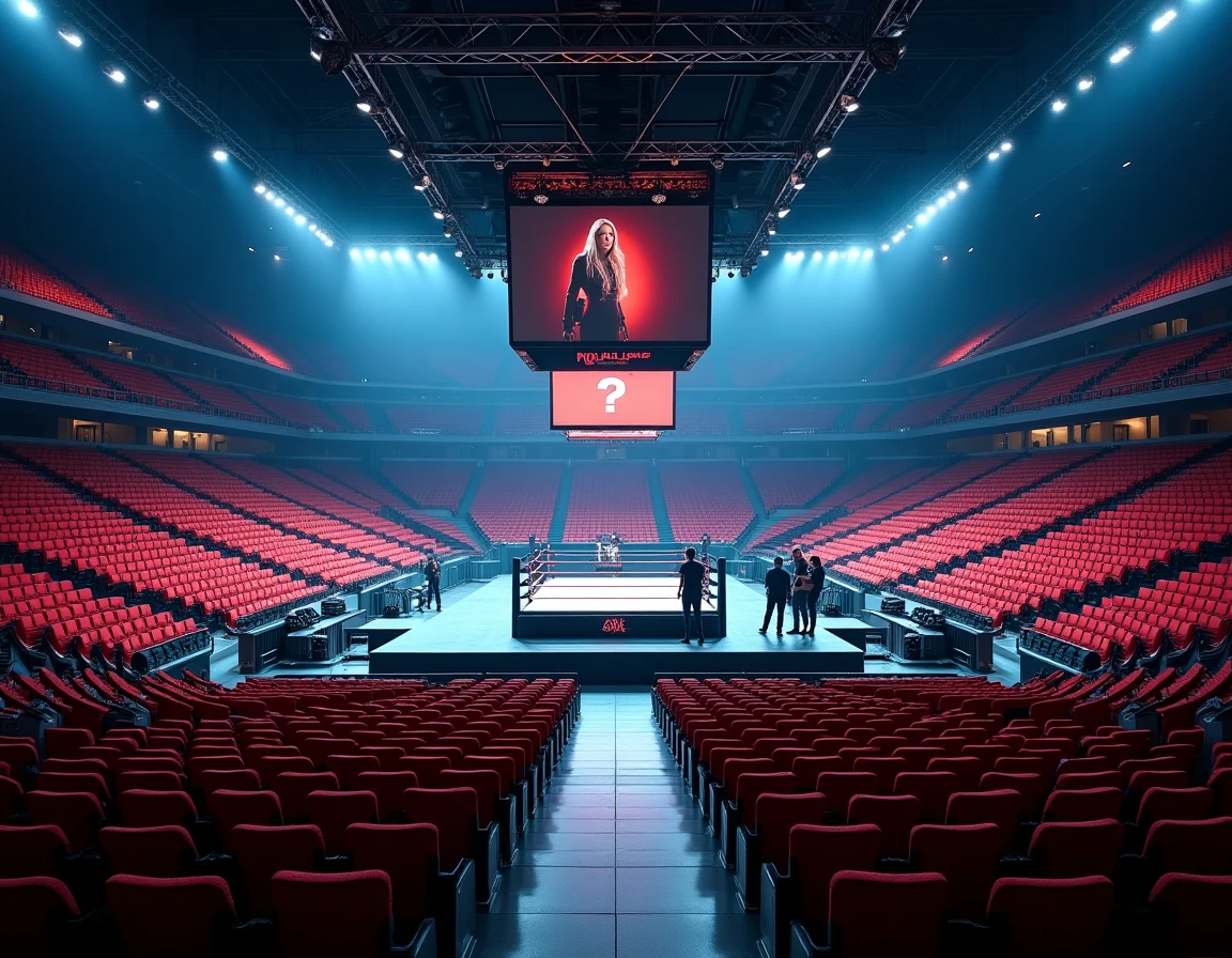 Arène de catch vide avec écran affichant une silhouette féminine, symbolisant l'absence d'une star WWE lors d'un show