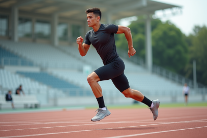 Jeune athlète en course sur piste synthétique en extérieur