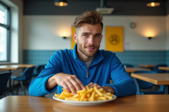 Jeune athlète en salle de sport mangeant des frites