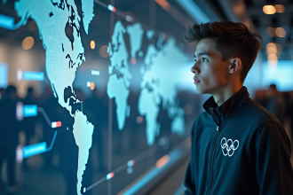 Jeune athlète regardant une carte digitale mondiale