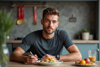 Athlète homme en repas équilibré dans la cuisine