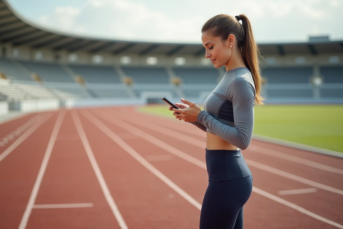 Athlète féminine consultant un tableau d'allures de fractionné sur une piste d'athlétisme
