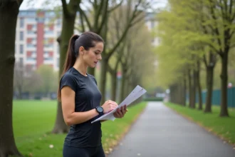 Femme coureuse ajustant sa montre et son plan d'allure