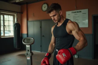 Jeune boxeur masculin pesant sur une balance dans une salle de boxe, avec les catégories de poids inscrites au tableau derrière lui