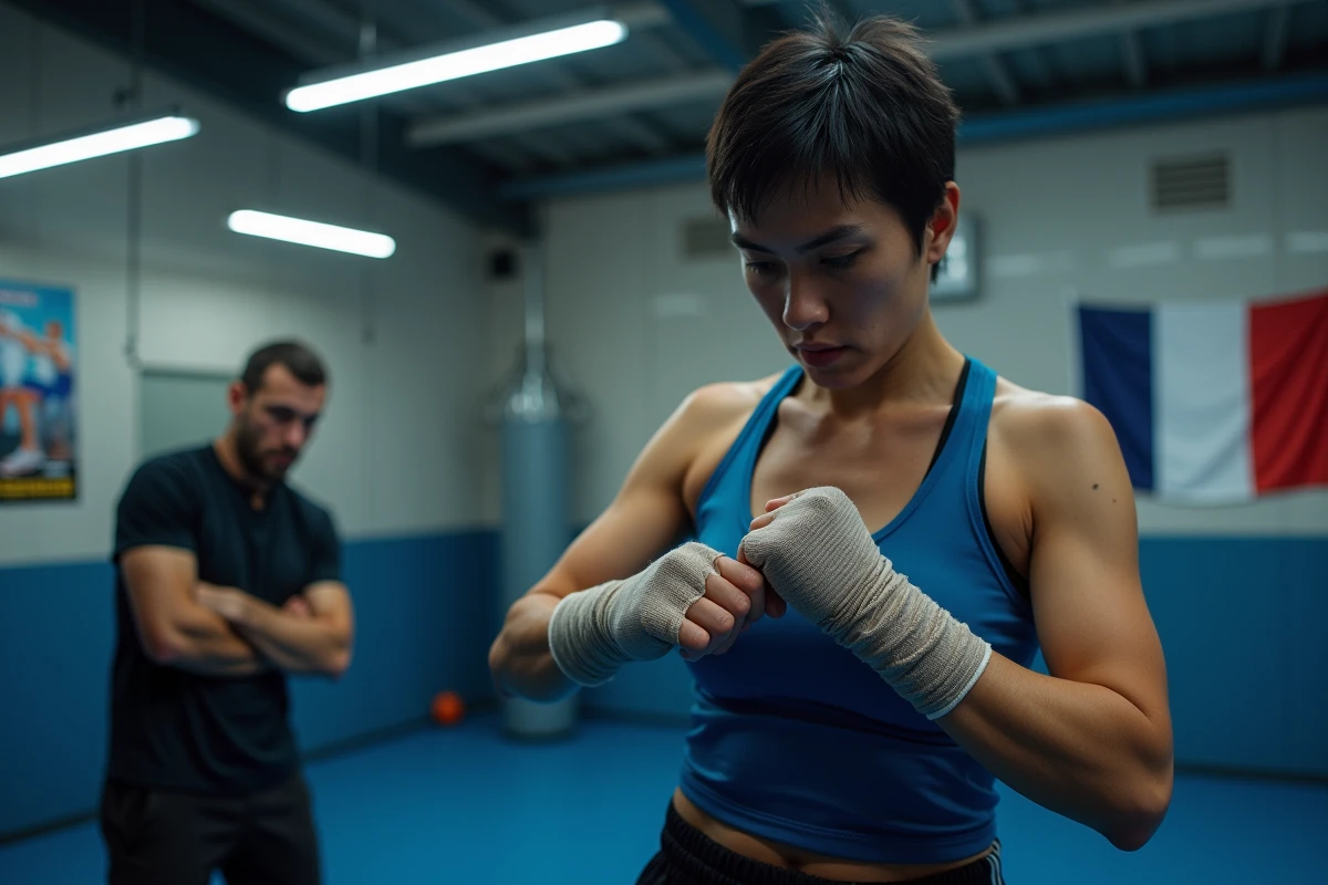Femme boxeuse thaïlandaise bandant ses poings dans une salle de boxe européenne avant l'entraînement