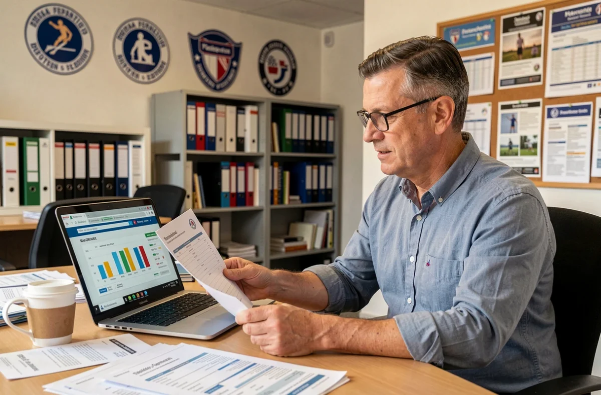 Administrateur d'une fédération sportive française analysant des données sur les licences sportives dans un bureau, sport le plus pratiqué en France