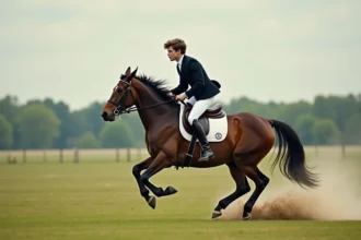 Jeune cavalier à cheval au galop dans un champ vert