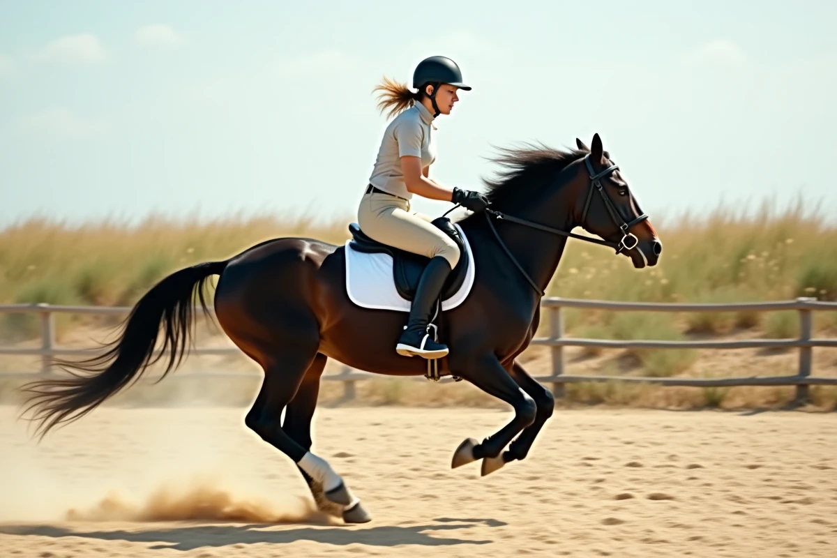 Cavalière en course sur un cheval noir sur une piste sableuse