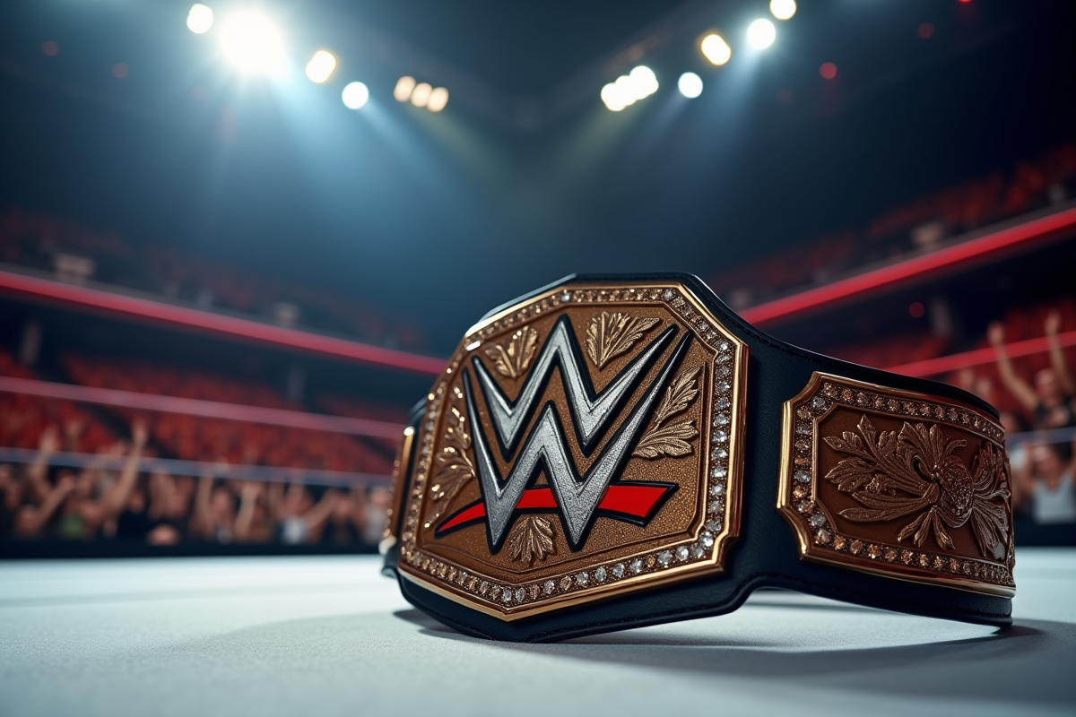 Ceinture de championnat de lutte posée sur le ring avec fans en arrière-plan