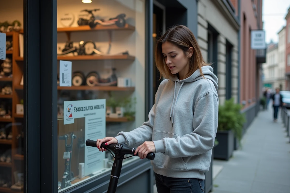 Femme examinant une pièce détachée de trottinette devant une boutique de mobilité urbaine en ville