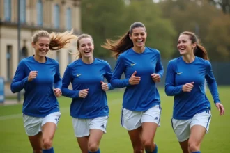 Groupe de femmes en maillot de football courant ensemble sur un terrain parisien, ambiance conviviale et sportive