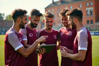 Joueurs d'un club de football amateur toulousain consultant une plateforme de gestion sportive sur tablette au bord du terrain