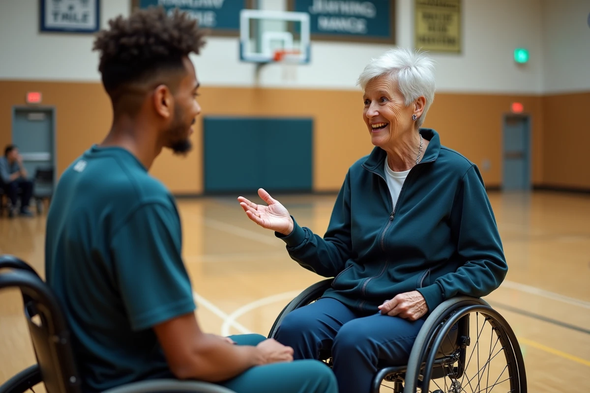 Entraîneuse discutant stratégie avec joueuse en fauteuil roulant