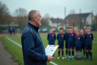 Entraîneur de football avec jeunes joueurs sur le terrain