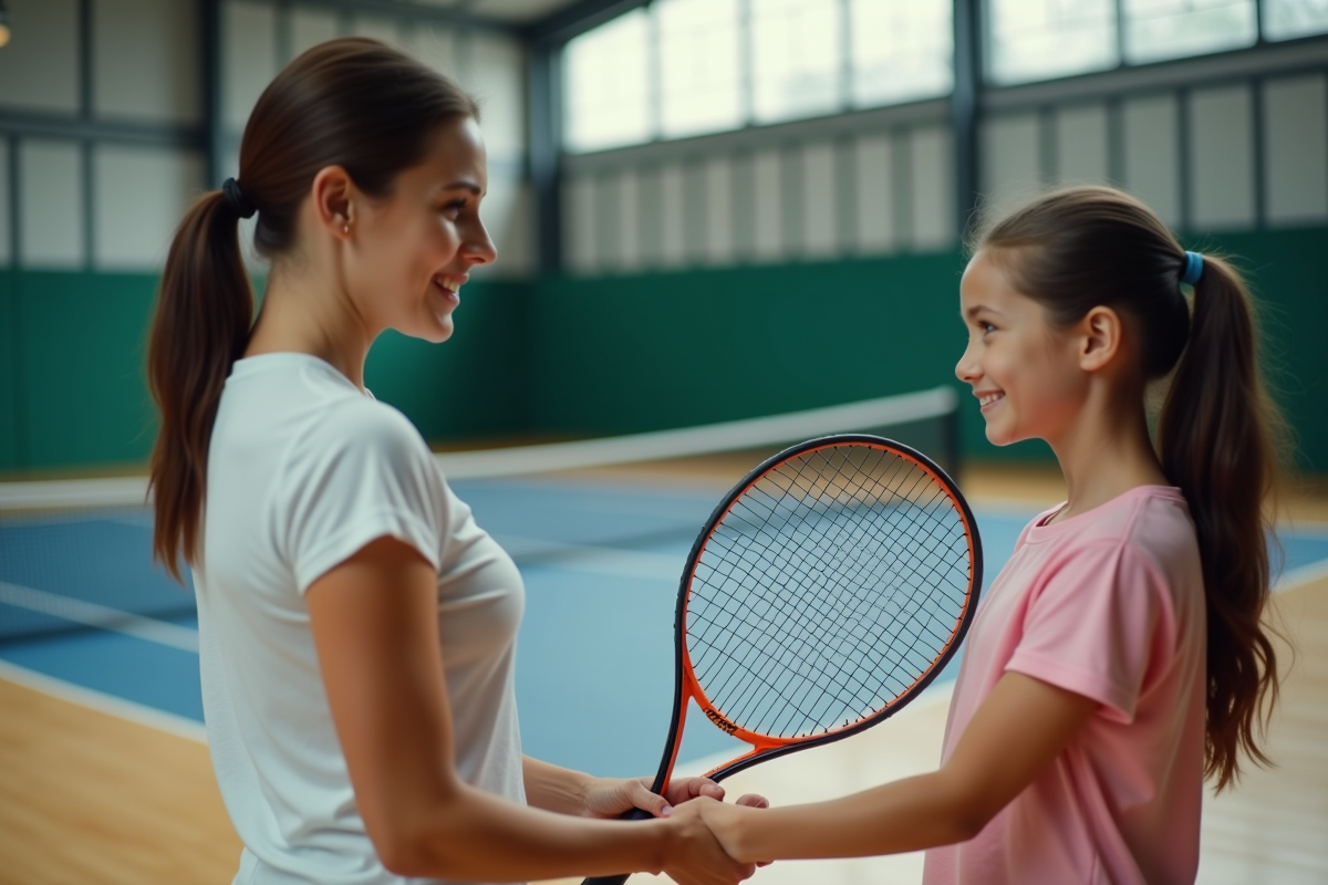 Entraineur de tennis montrant la prise de raquette à une jeune fille