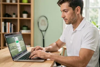 Homme entrant un code promotionnel Tennis Zero 2026 sur un ordinateur portable dans un bureau à domicile