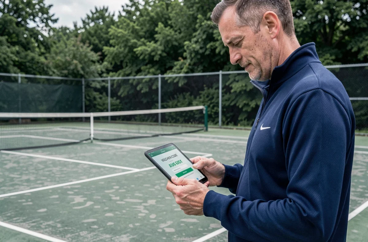 Joueur de tennis entrant un code promotionnel Tennis Zero 2026 sur une tablette au bord d'un court extérieur
