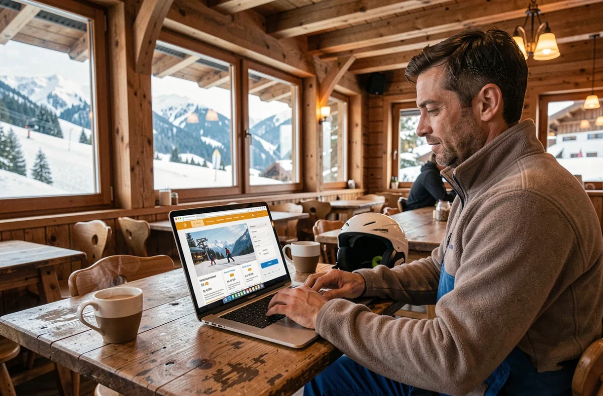 Skieur comparant les forfaits des Sept Laux en ligne depuis le chalet de la station