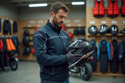 Spécialiste équipements moto et nautique inspectant un casque intégral dans un showroom 2026