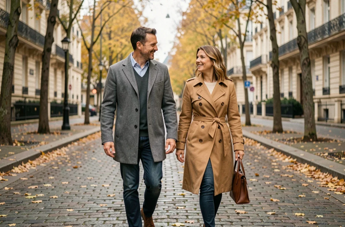 Couple élégant se promenant et discutant dans une rue parisienne en automne avec feuilles dorées et immeubles haussmanniens