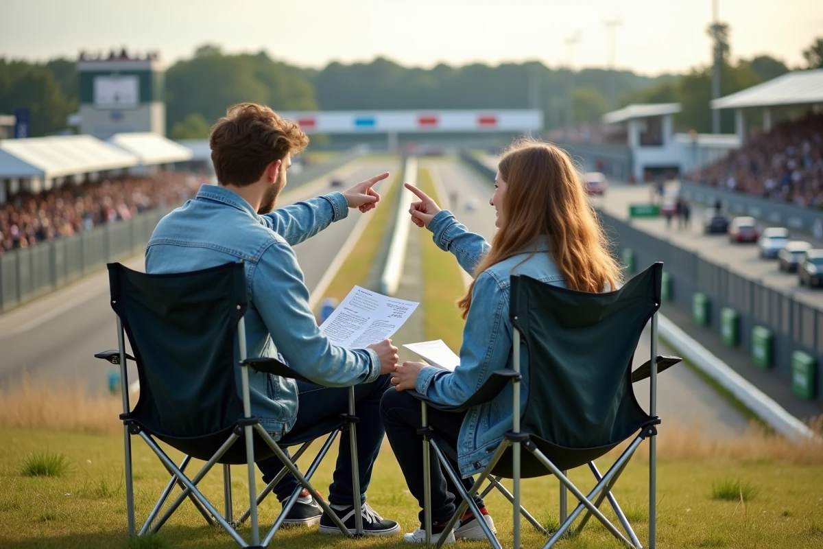 Couple de spectateurs assis sur des chaises de camping consultant le programme d'une course automobile accessible sur une colline herbeuse