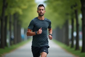 Coureur masculin en tenue de running sur un chemin de parc, illustrant une allure de 8 km/h en course à pied