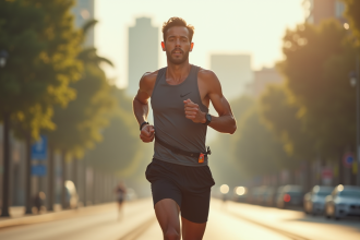 Coureur de marathon en pleine course sous le soleil avec gel énergétique
