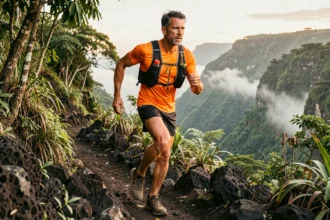 Coureur de trail masculin en pleine course sur un sentier volcanique de l'île de La Réunion lors de la Diagonale des Fous