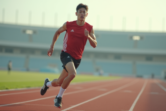 Jeune homme en course sur piste d'athlétisme en plein effort