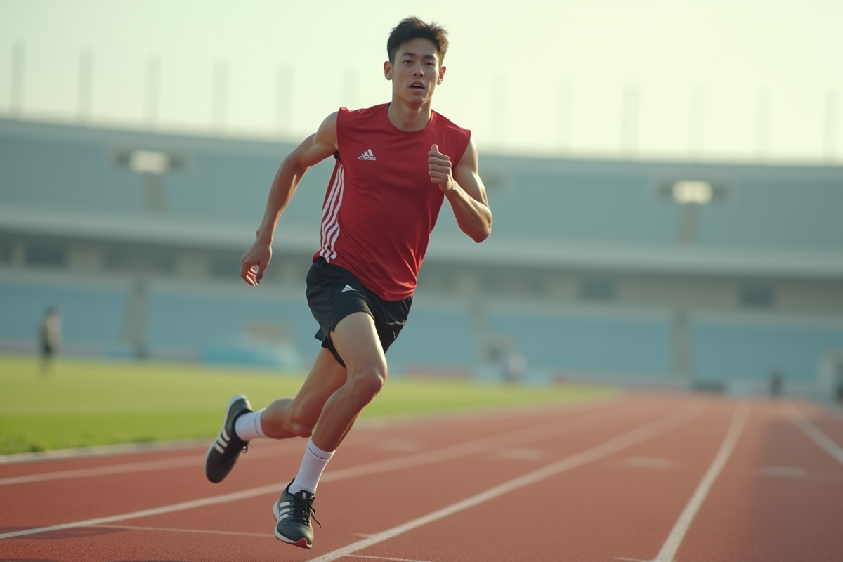 Jeune homme en course sur piste d'athlétisme en plein effort
