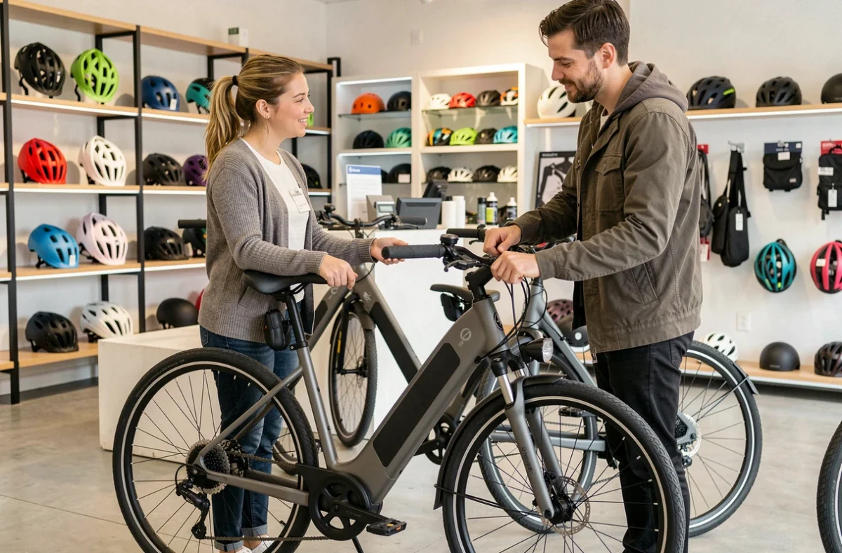 Conseillère aidant un client à essayer un vélo électrique urbain chez Cyclable Caen