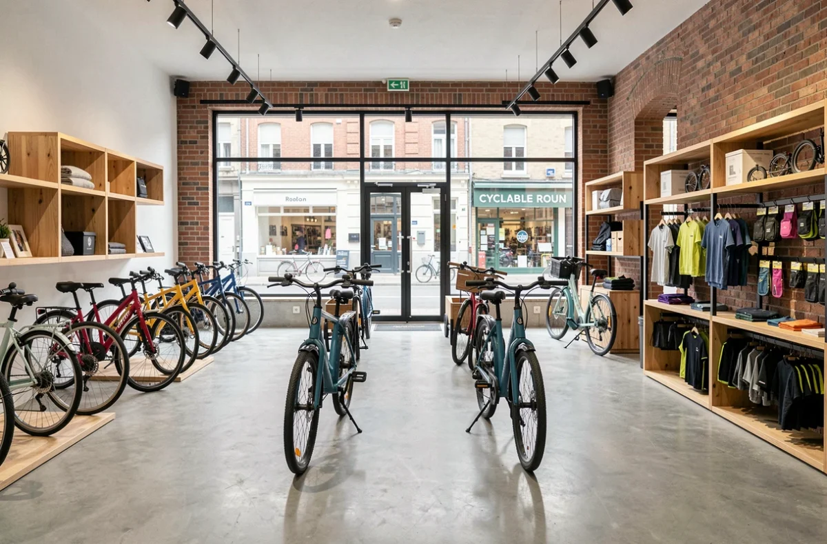 Intérieur moderne du magasin Cyclable Rouen avec une sélection de vélos urbains et cargo