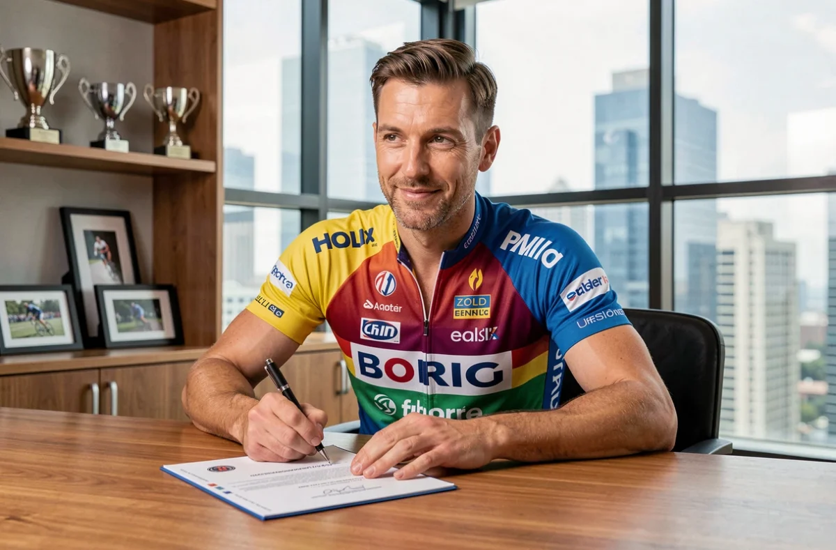 Cycliste professionnel signant un contrat de transfert pour la saison 2026 dans un bureau de management sportif