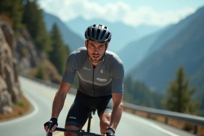 Cycliste professionnel en maillot Van Rysel RCR Pro gravissant un col alpin sur une route de montagne sinueuse