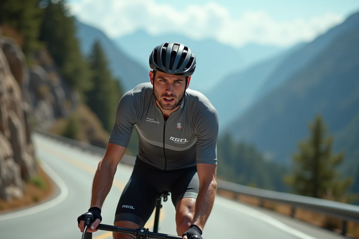 Cycliste professionnel en maillot Van Rysel RCR Pro gravissant un col alpin sur une route de montagne sinueuse
