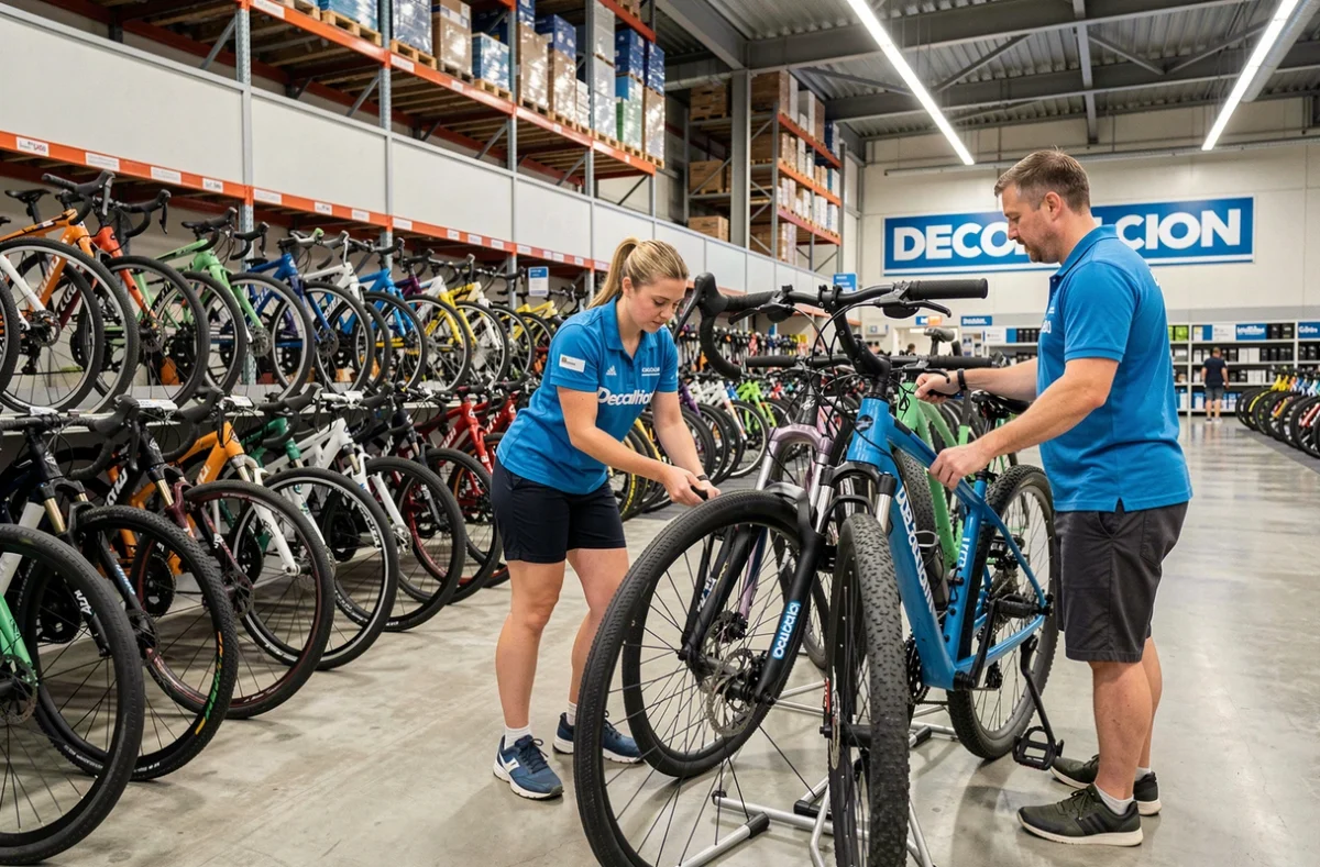Employée Decathlon vérifiant un vélo pour un client dans le magasin Decathlon Évreux