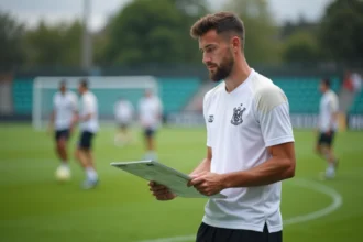 Défenseur du PSG en séance d'entraînement étudiant un tableau tactique sur le terrain