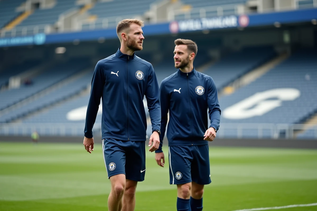 Deux défenseurs du PSG en discussion lors d'une pause d'entraînement au bord du terrain