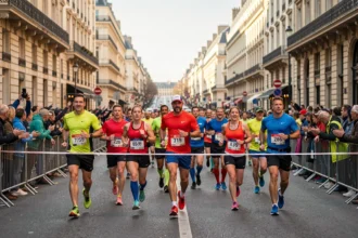 Coureurs au départ du Marathon de Paris portant des dossards sur un boulevard haussmannien