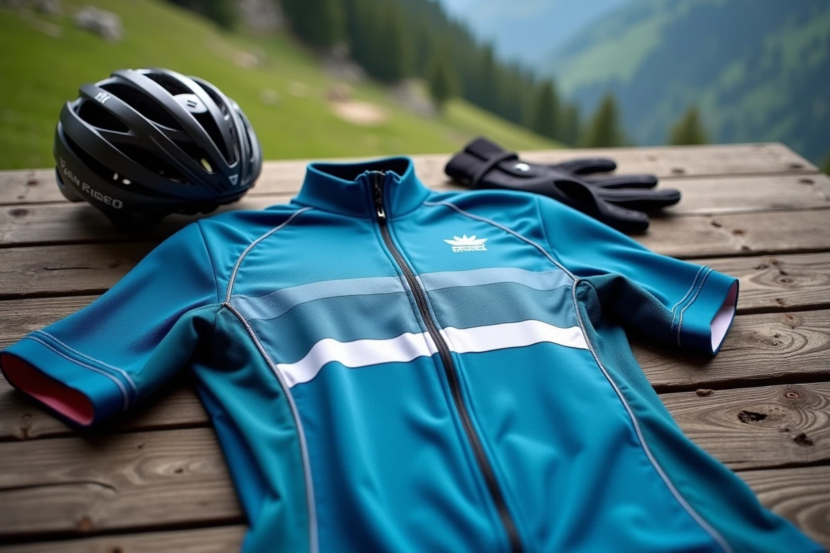 Détail du maillot Van Rysel RCR Pro posé sur un banc de chalet alpin avec casque et gants de cyclisme