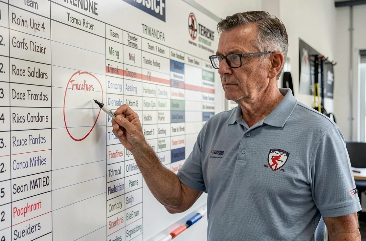 Directeur sportif cyclisme analysant les transferts et recrues confirmés pour la saison 2026 sur un tableau tactique