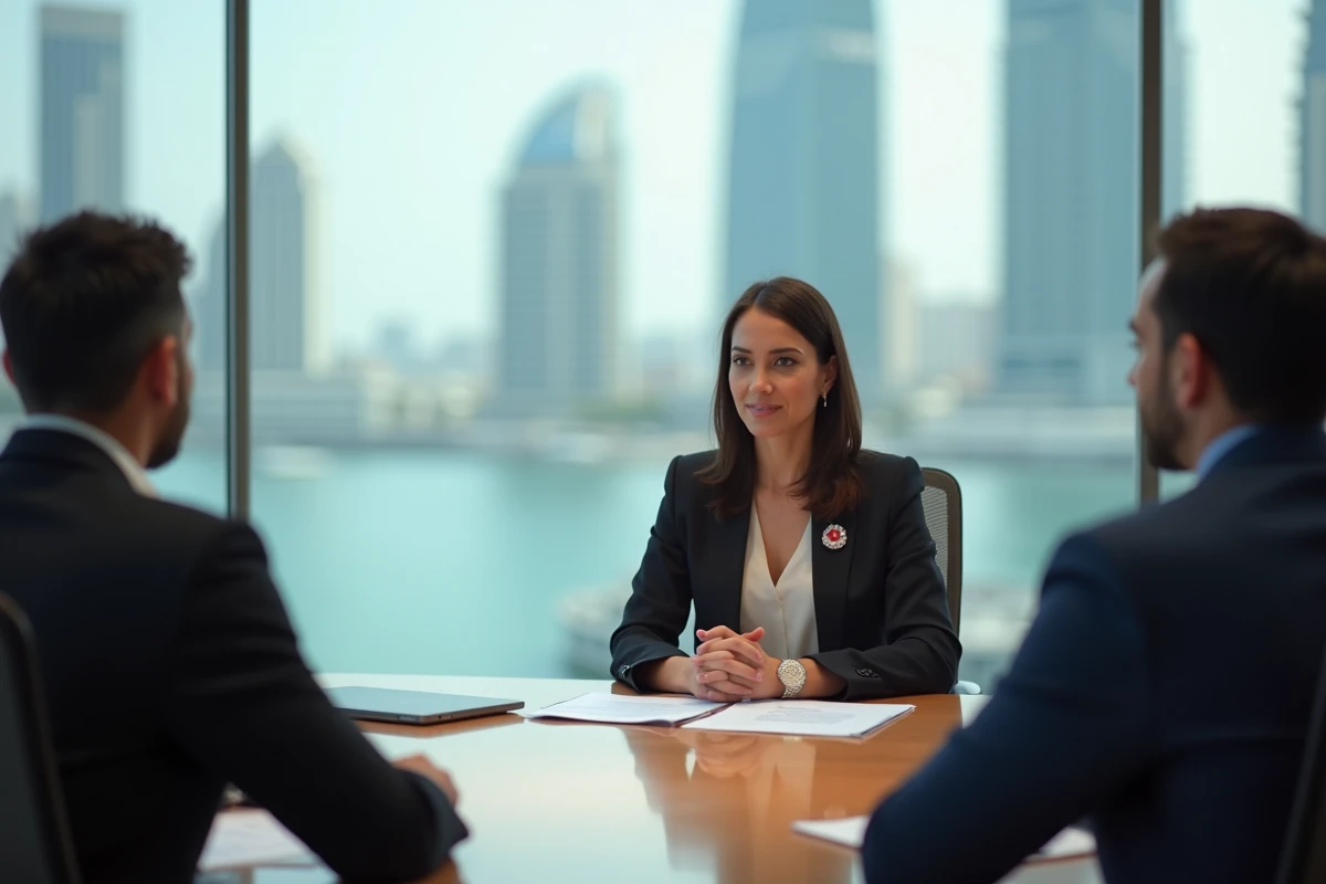 Dirigeante sportive qatarie en réunion professionnelle dans un bureau moderne avec vue sur la baie de Doha