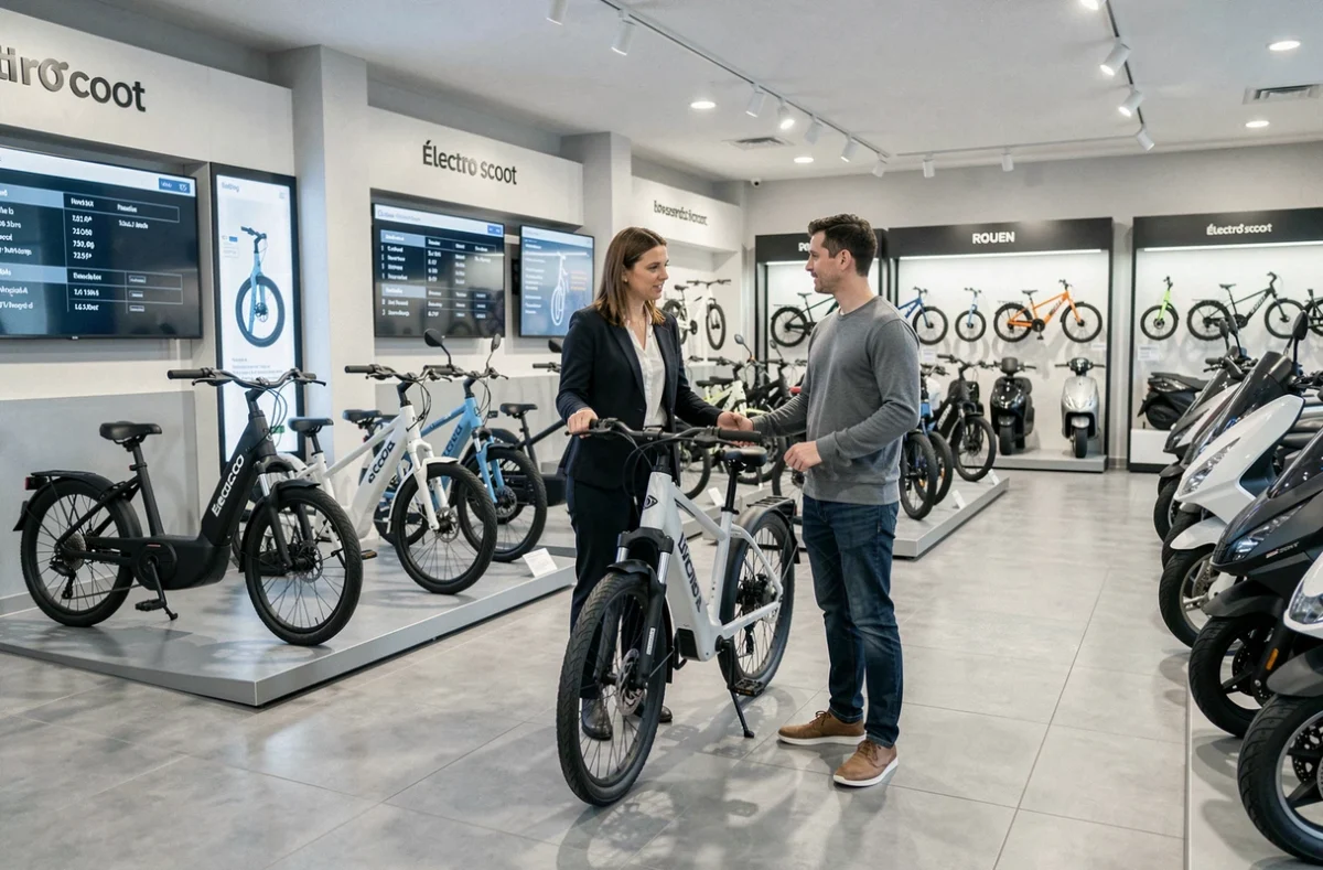 Showroom d'Électro Scoot à Rouen présentant une sélection de vélos électriques et trottinettes