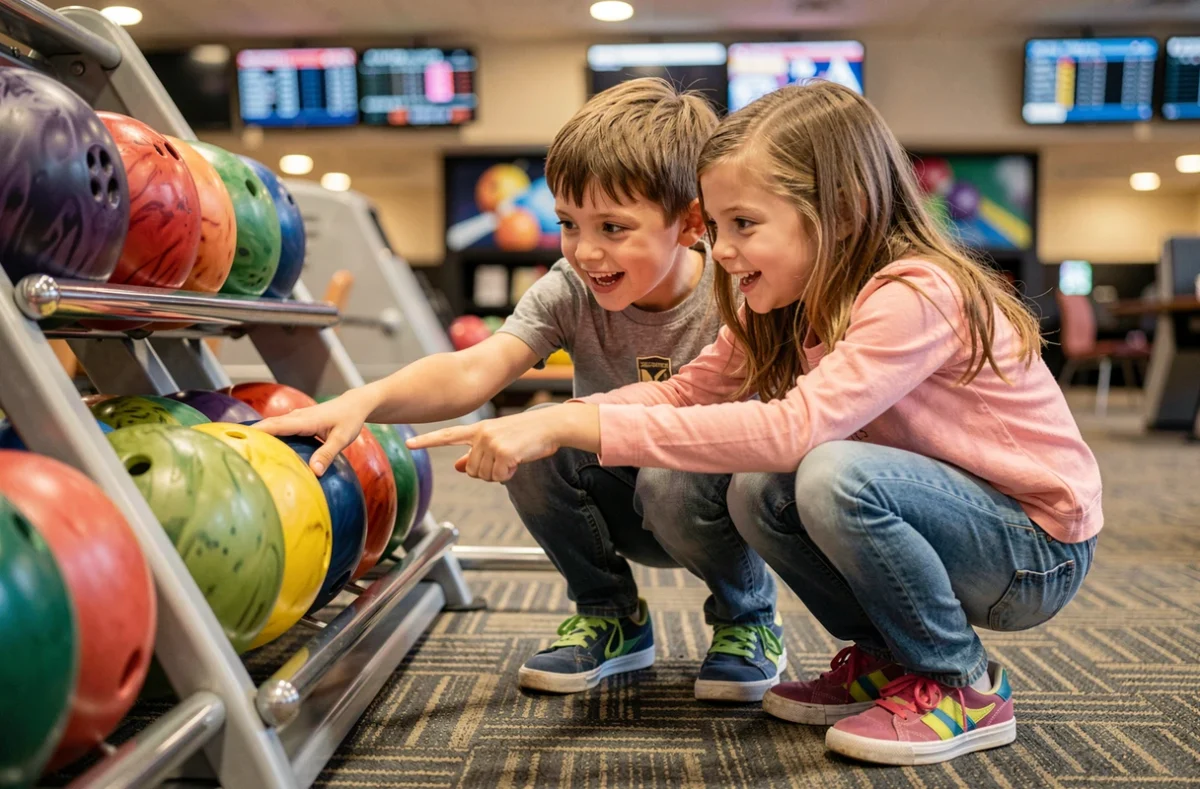 Deux enfants choisissant leur boule de bowling colorée au Planet Bowling Lomme, moment de complicité et de joie